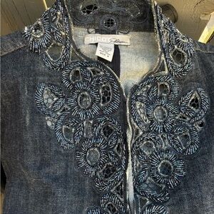 Chicos Platinum Denim Jacket Open Front Beaded Embroidered Floral Blue Sz 3